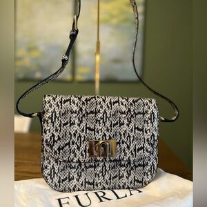 NWT! NEW! Furla Signature Furla 1927 Shoulder Bag -Snakeskin Black & White